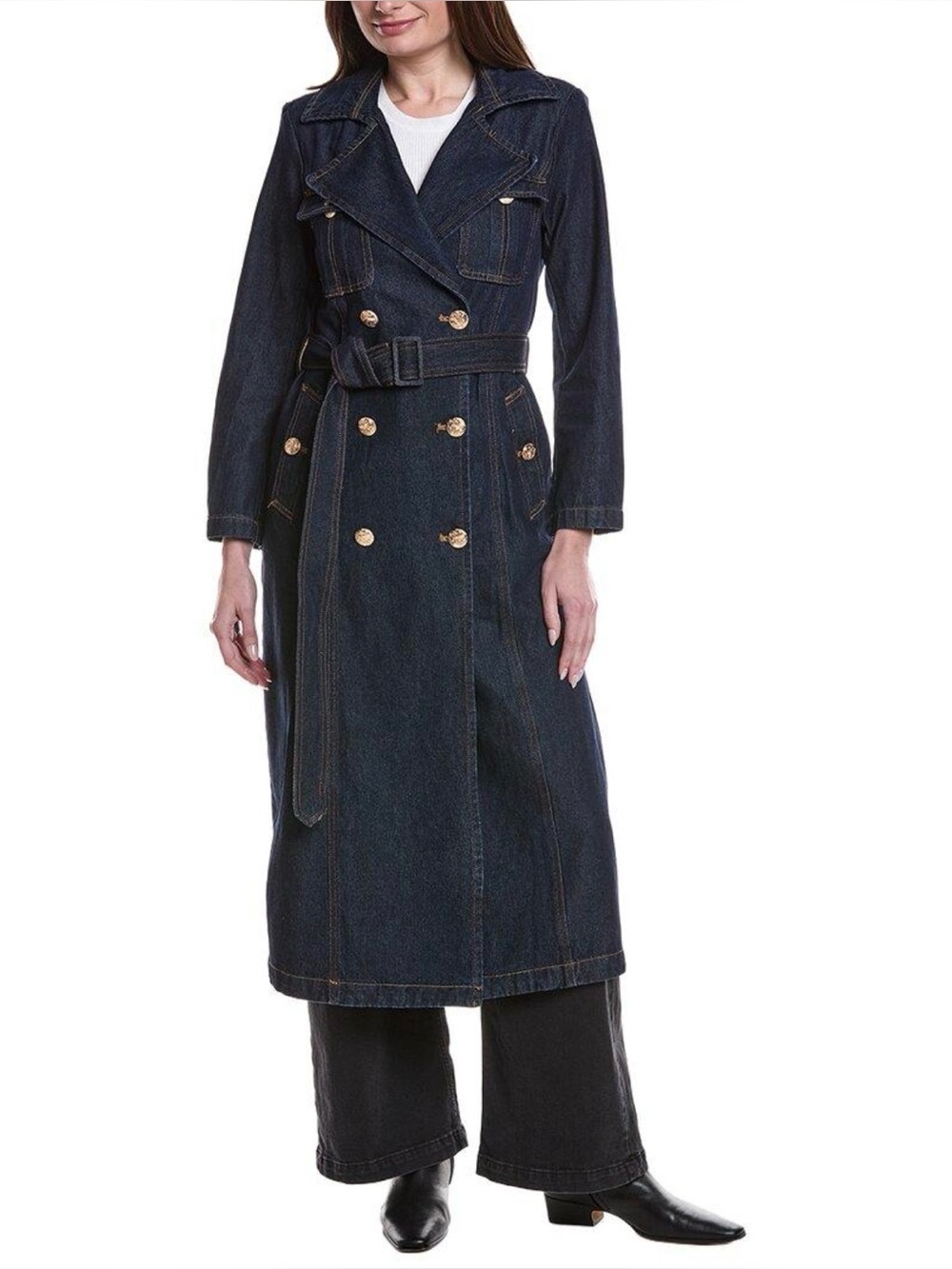 Avec Les Filles Utility Dark Blue Denim Trench Coat w/ Gold Buttons Small